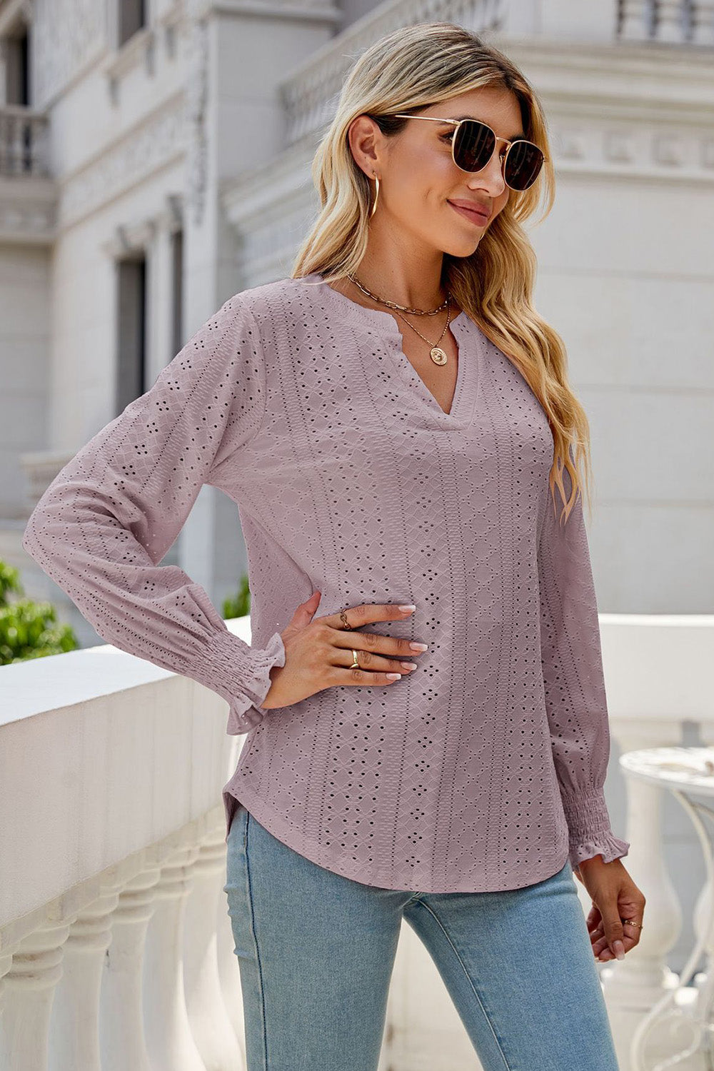 Eyelet Notched Lantern Sleeve T-Shirt-Angel Casuals
