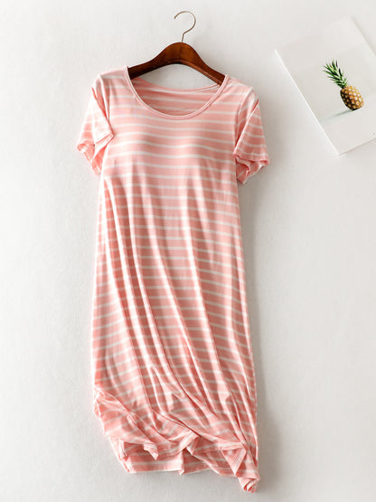 Striped Round Neck Short Sleeve Dress-Angel Casuals