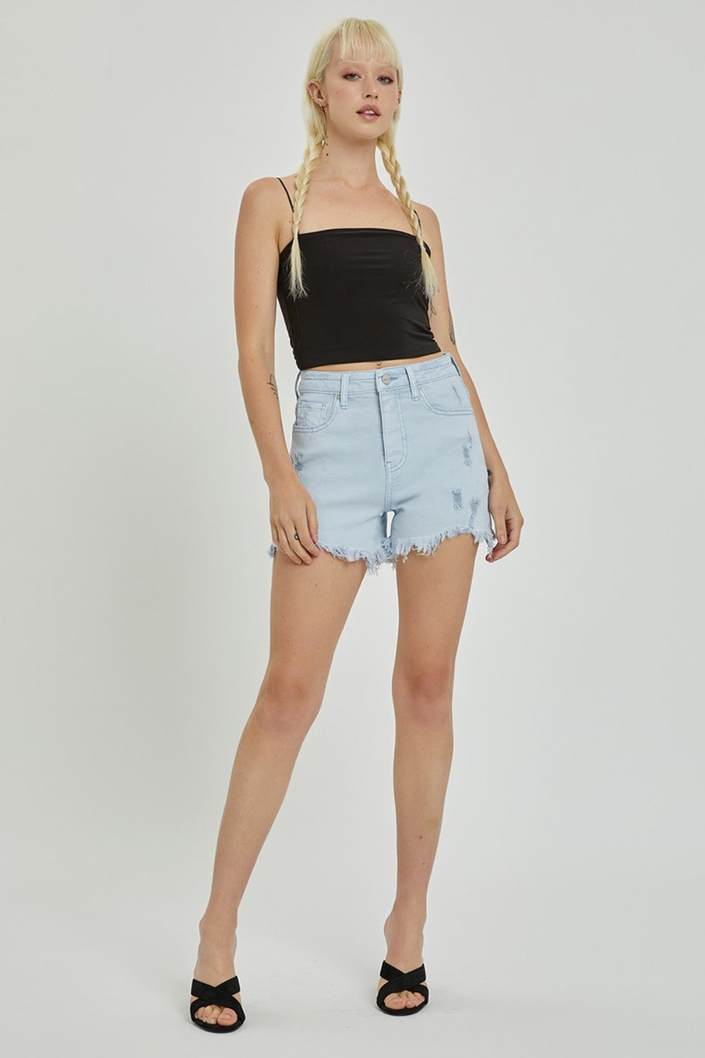 RISEN Full Size High Rise Distressed Detail Denim Shorts-Angel Casuals