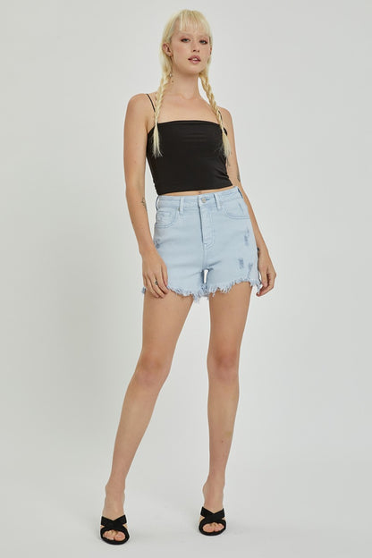 RISEN Full Size High Rise Distressed Detail Denim Shorts-Angel Casuals