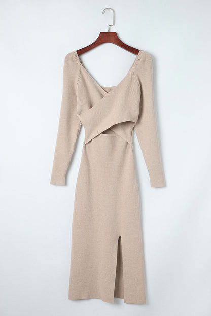 Crisscross Long Sleeve Slit Sweater Dress-Angel Casuals