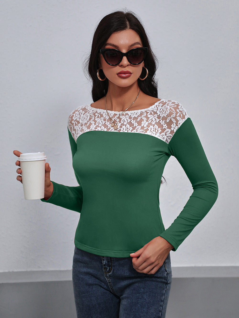 Lace Trim Long Sleeve Round Neck Tee-Angel Casuals