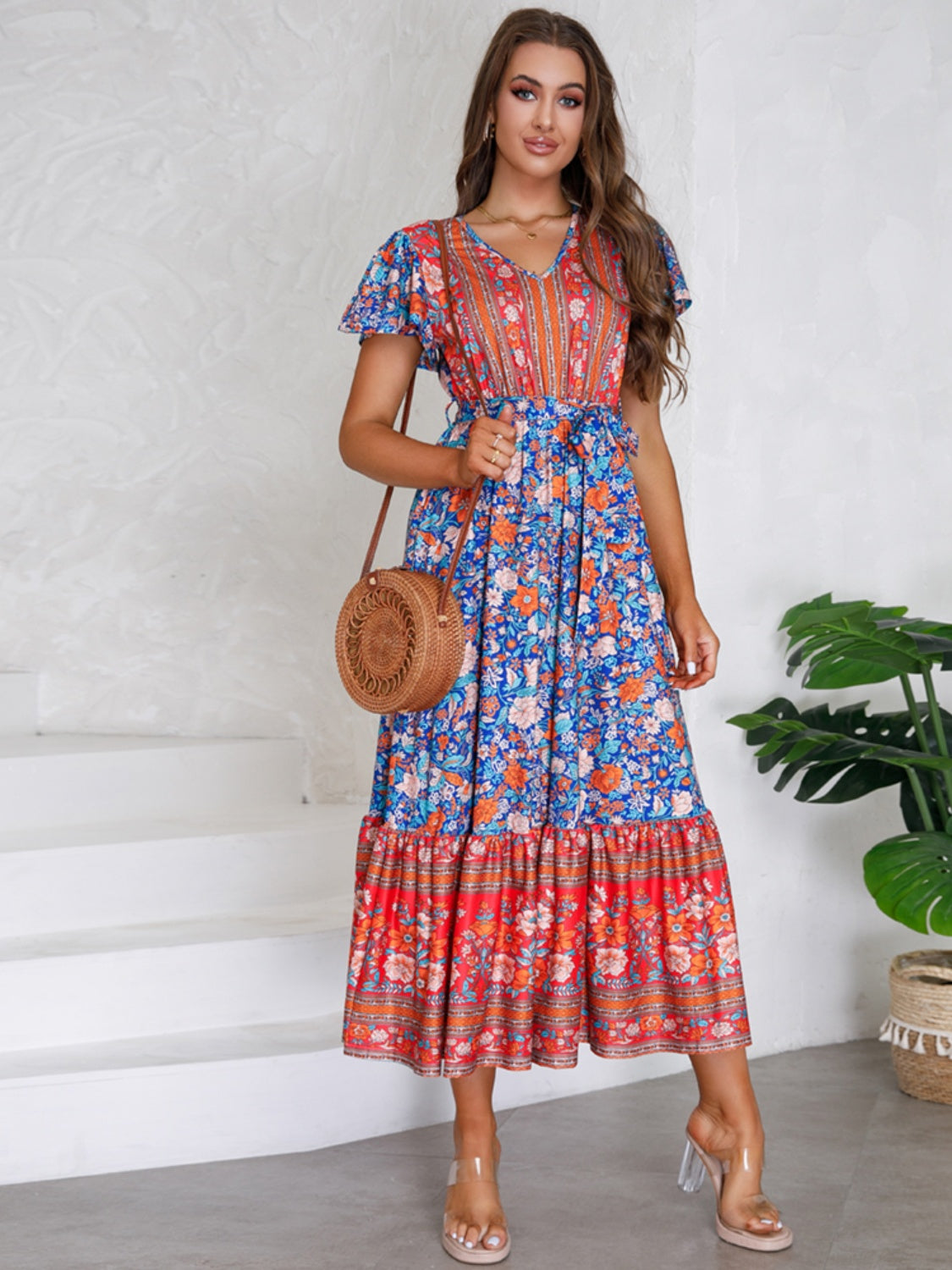 Tied Printed V-Neck Short Sleeve Dress-Angel Casuals