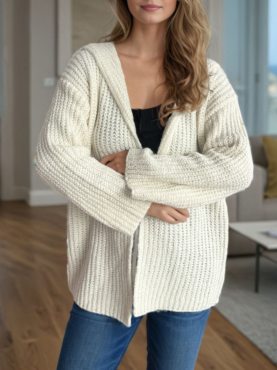 Sequin Detail Long Sleeve Hooded Cardigan-Angel Casuals
