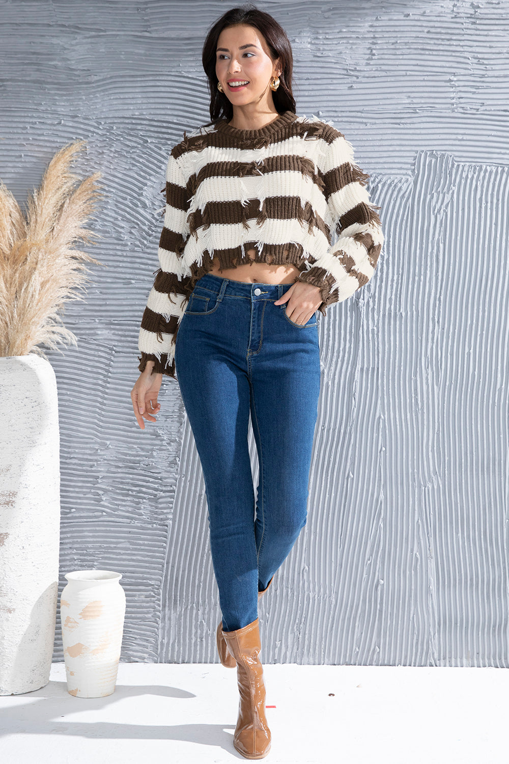 Striped Fringe Round Neck Sweater-Angel Casuals