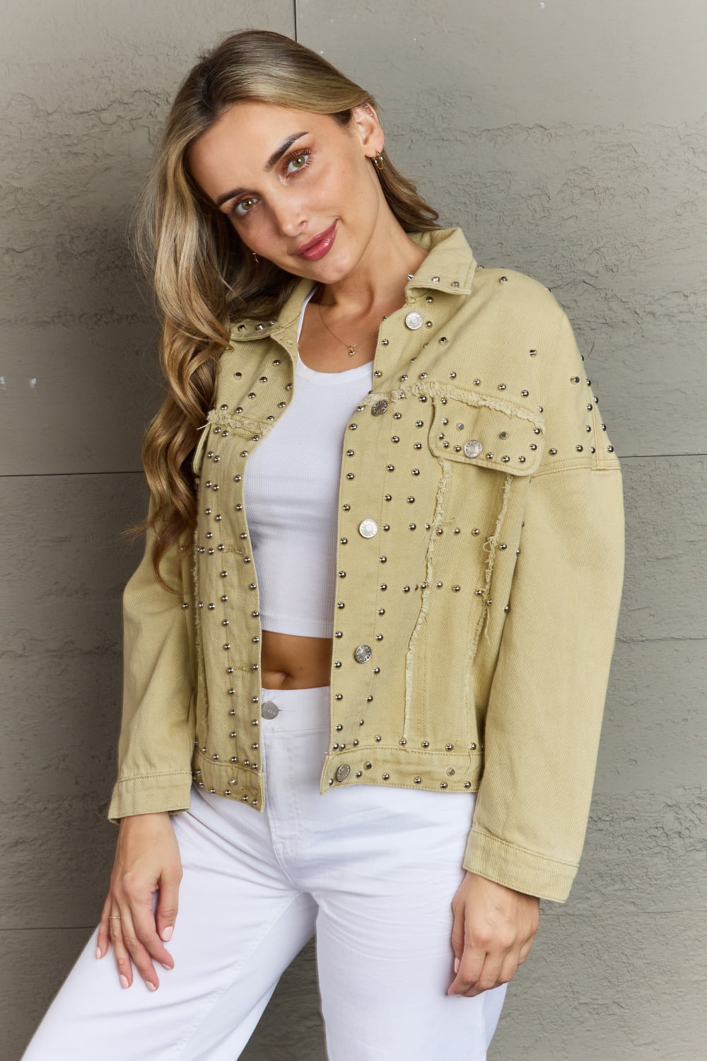 Frayed Trim Rivet Denim Jacket-Angel Casuals