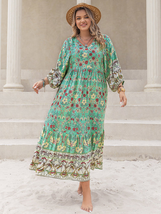 Plus Size Floral V-Neck Balloon Sleeve Midi Dress-Angel Casuals