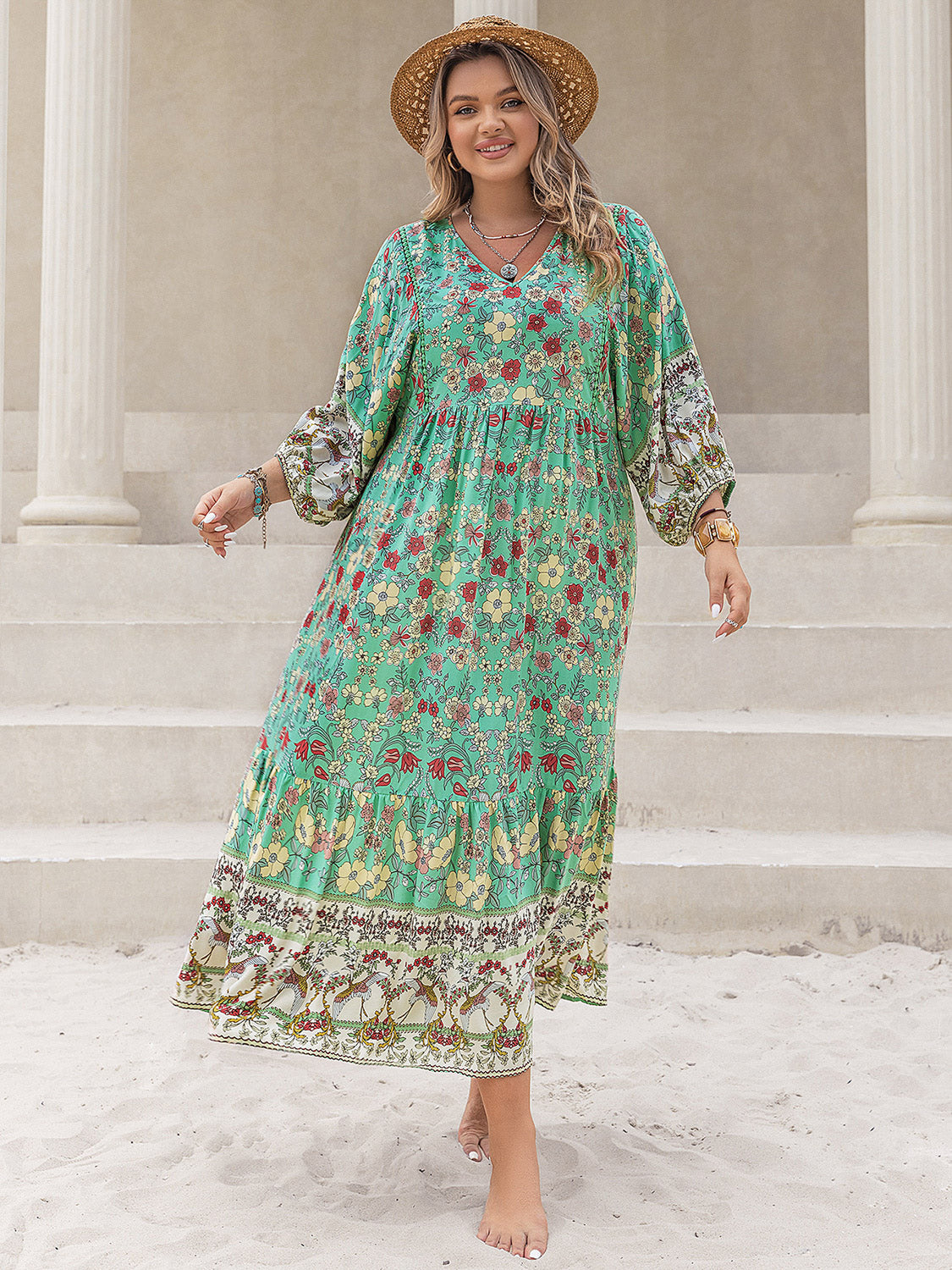 Plus Size Floral V-Neck Balloon Sleeve Midi Dress-Angel Casuals