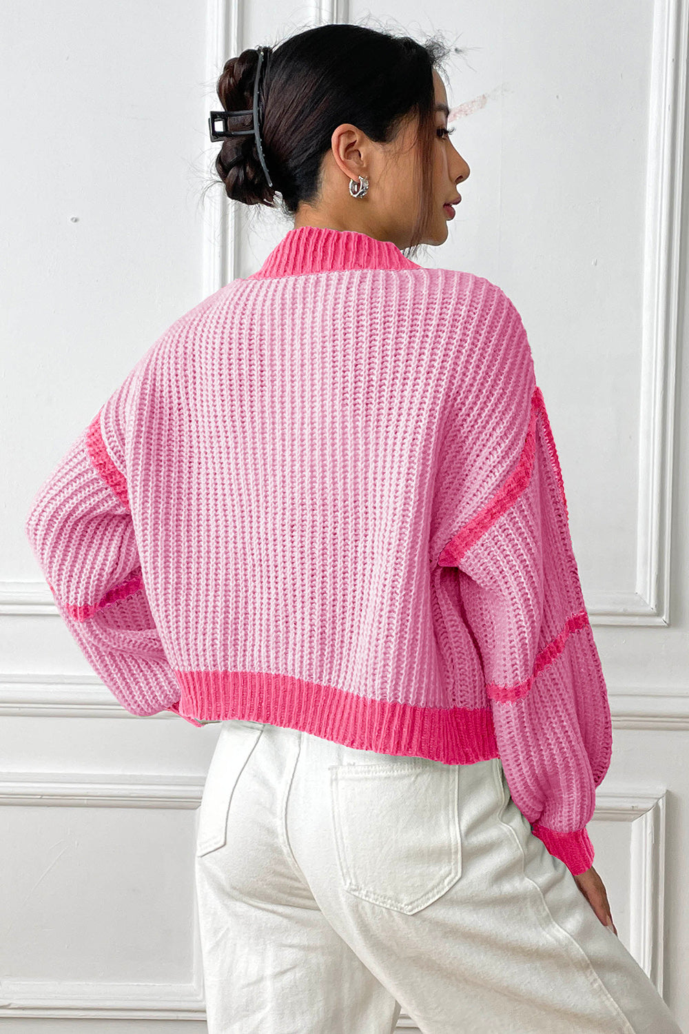 Contrast Open Front Long Sleeve Cardigan-Angel Casuals