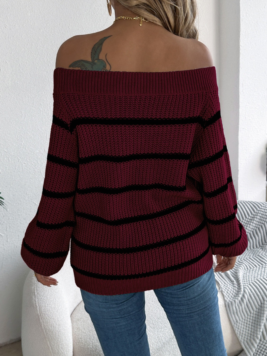 Striped Off-Shoulder Long Sleeve Sweater-Angel Casuals