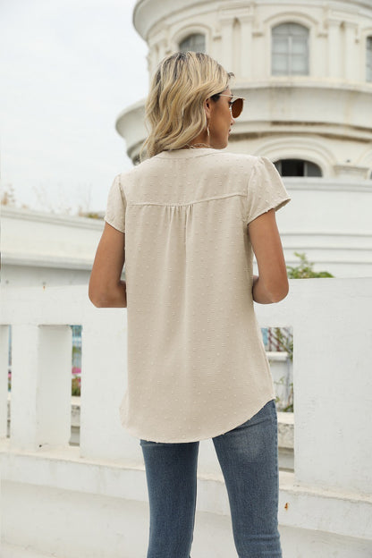 Swiss Dot Notched Neck Short Sleeve Top-Angel Casuals