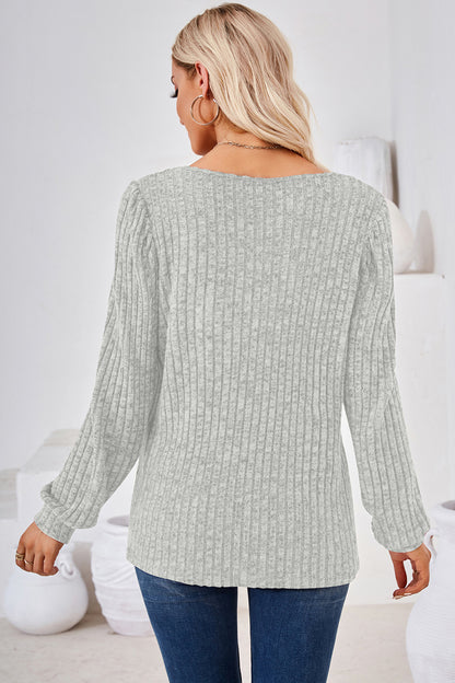 Ribbed Square Neck Long Sleeve T-Shirt-Angel Casuals