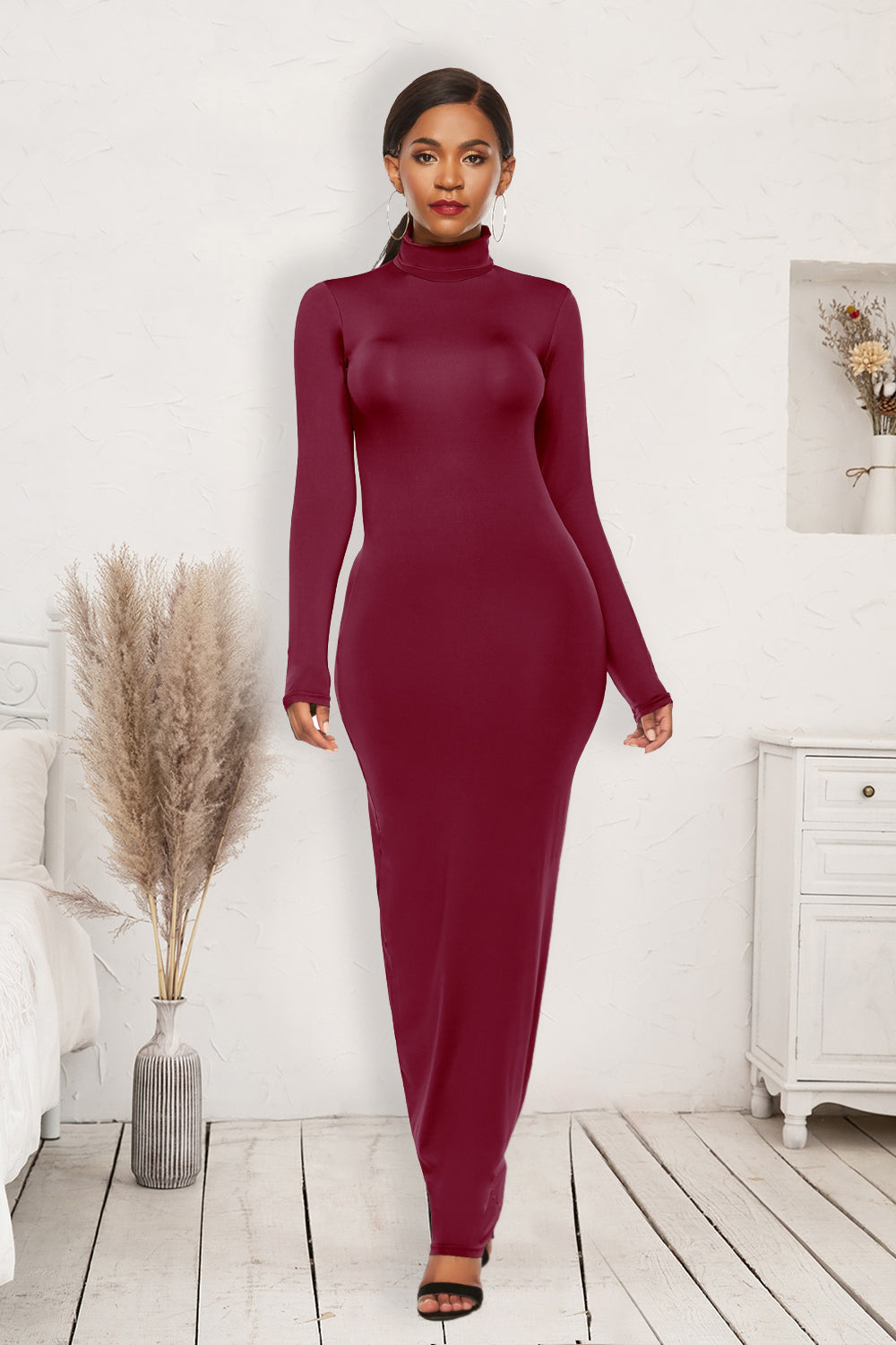 Mock Neck Long Sleeve Maxi Slim Dress-Angel Casuals