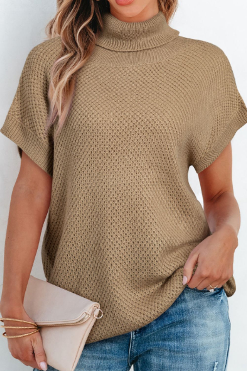 Solid Color Turtleneck Short Sleeve Sweater-Angel Casuals