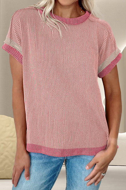 Color Block Round Neck Cap Sleeve T-Shirt-Angel Casuals