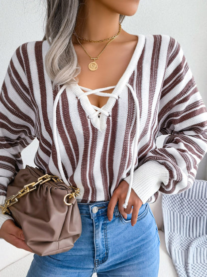 Striped Lace-Up Long Sleeve Sweater-Angel Casuals