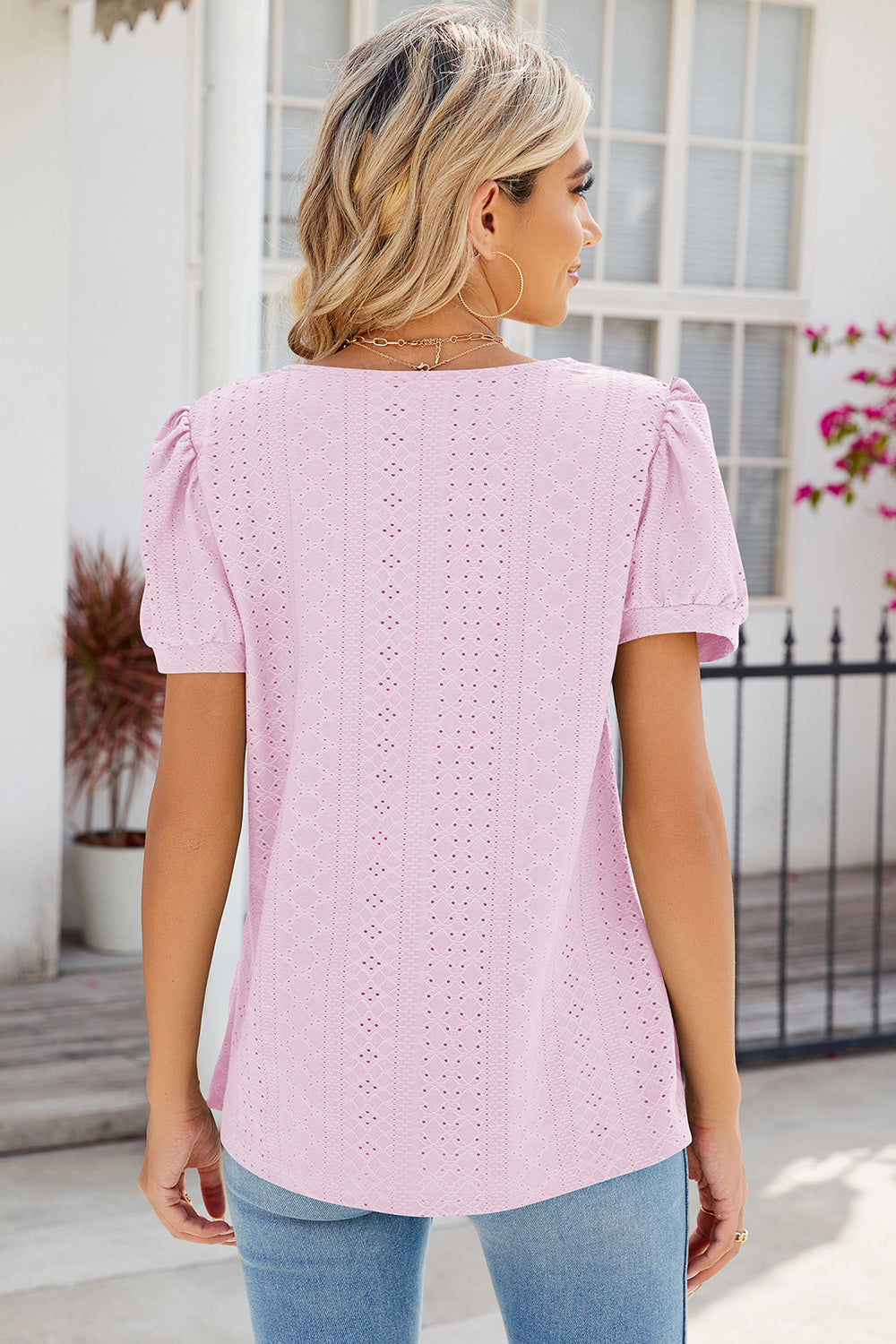 Eyelet Puff Sleeve T-Shirt-Angel Casuals