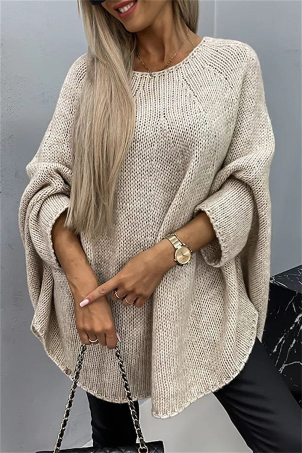 Round Neck Batwing Sleeve Sweater-Angel Casuals