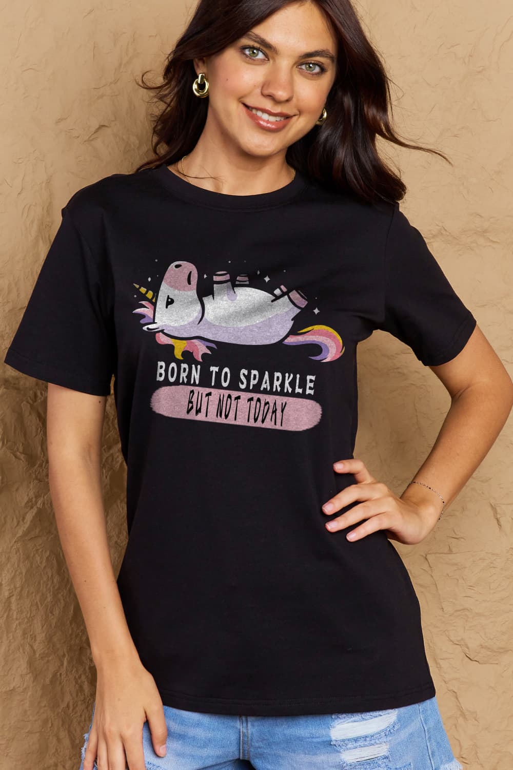 Simply Love Full Size BORN TO SPARKLE BUT NOT TODAY Graphic Cotton Tee-Angel Casuals