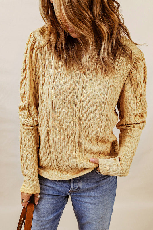 Cable-Knit Round Neck Long Sleeve Blouse-Angel Casuals