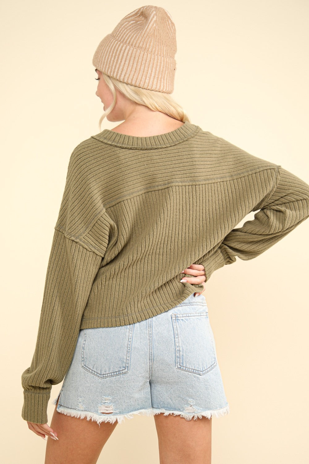 VERY J Exposed Seam V-Neck Ribbed Knit Top-Angel Casuals