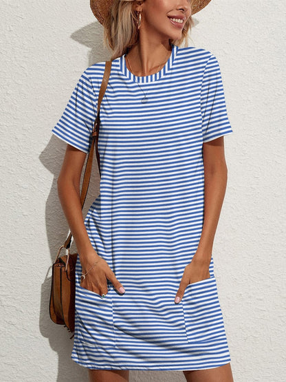 Pocketed Striped Round Neck Short Sleeve Dress-Angel Casuals