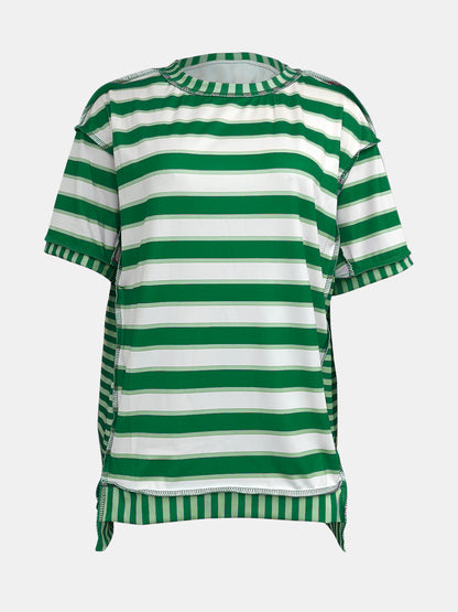 Full Size Contrast Stitching Striped Round Neck T-Shirt-Angel Casuals