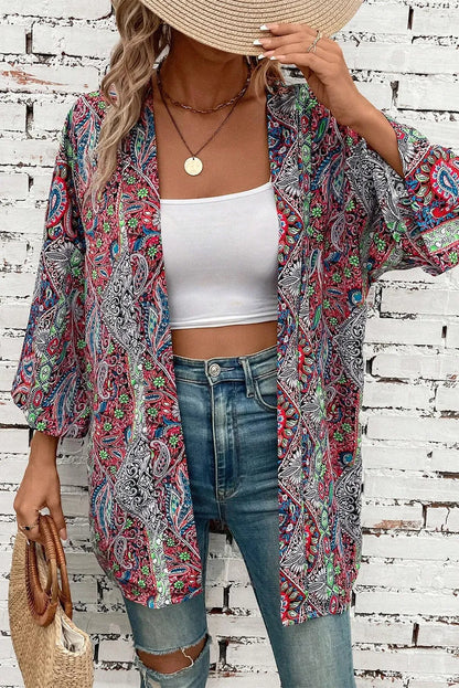 Printed Open Front Long Sleeve Cover Up-Angel Casuals