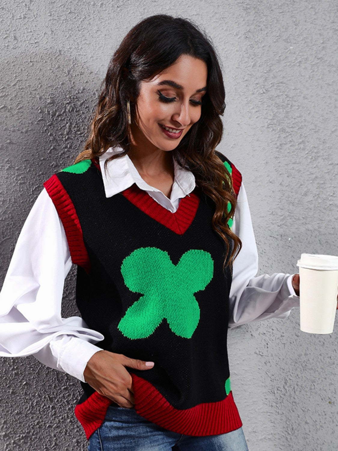 Four Leaf Clover V-Neck Sweater Vest-Angel Casuals