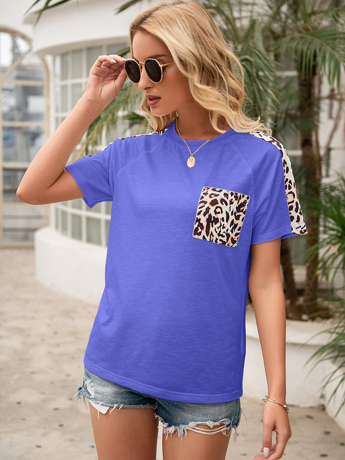 Pocketed Leopard Round Neck Short Sleeve T-Shirt-Angel Casuals