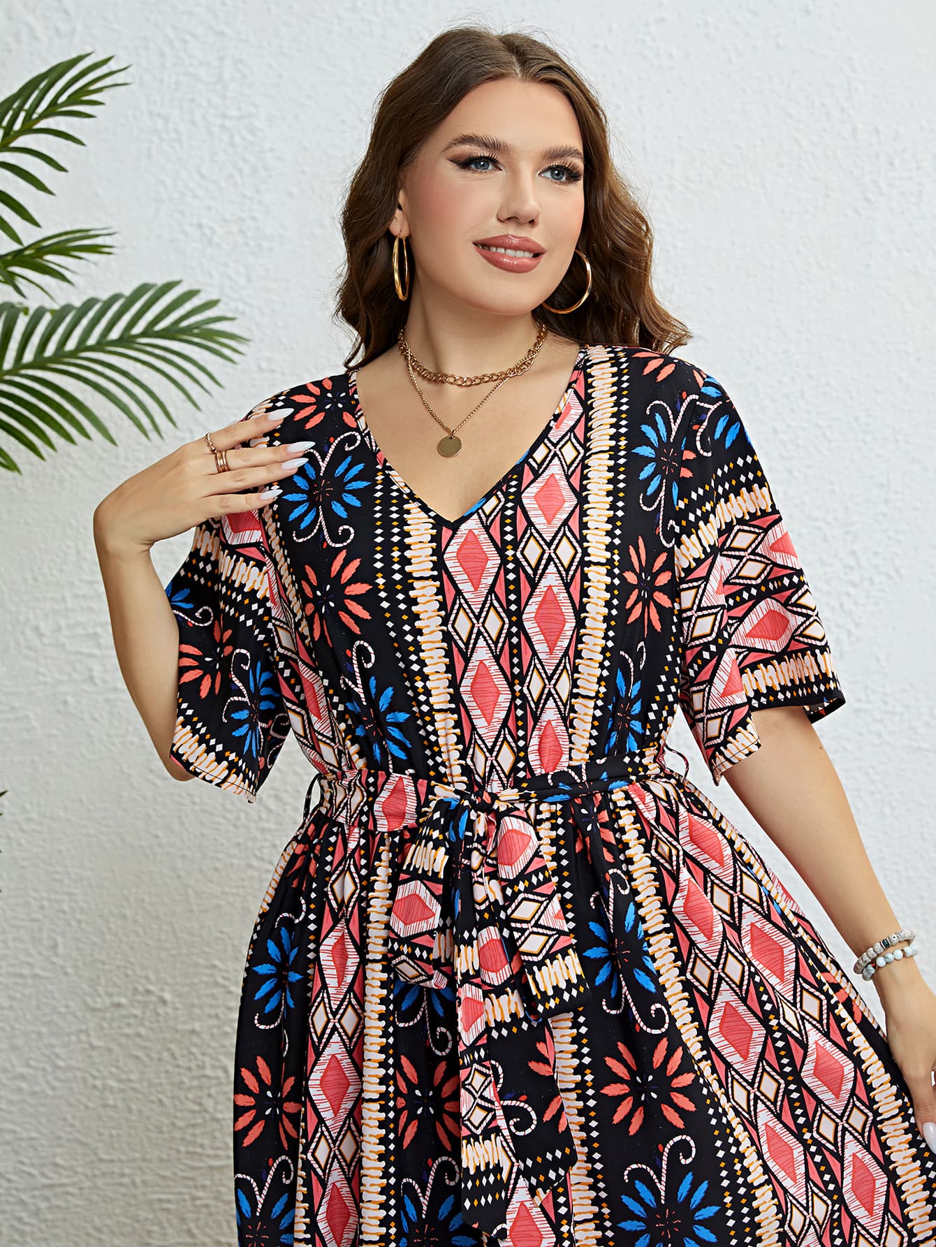 Plus Size Bohemian V-Neck Tie Belt Midi Dress-Angel Casuals