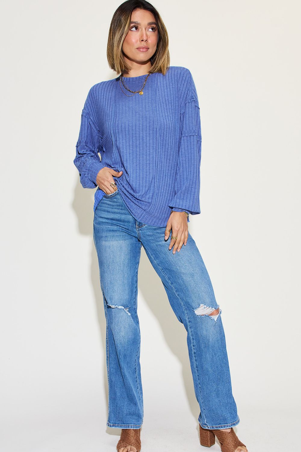 Basic Bae Full Size Ribbed Round Neck Long Sleeve T-Shirt-Angel Casuals