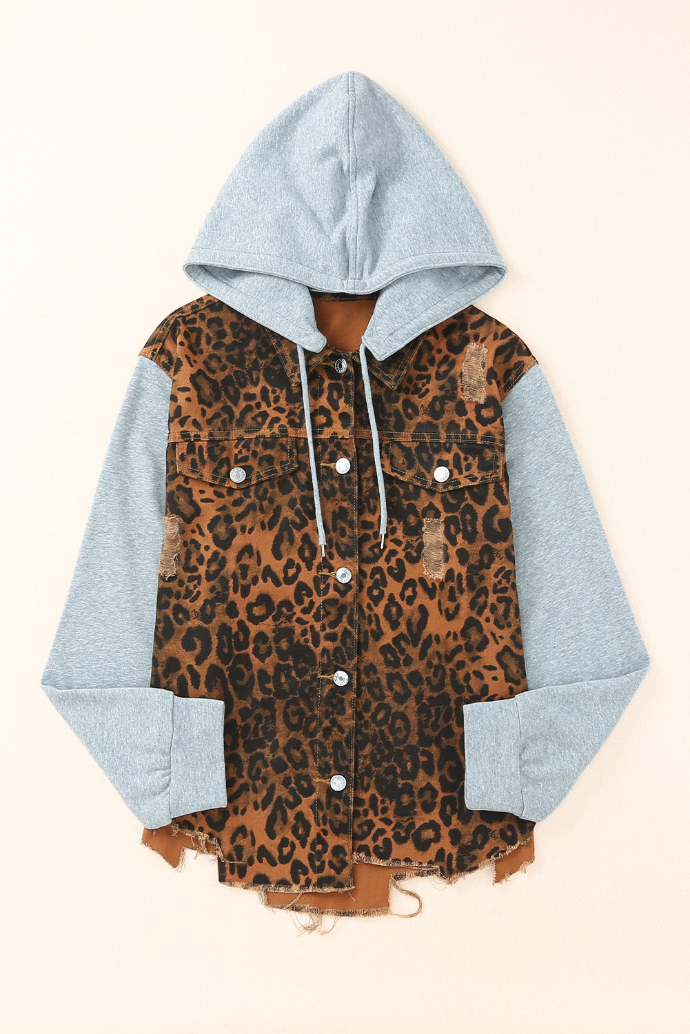 Leopard Distressed Drawstring Hooded Denim Jacket-Angel Casuals