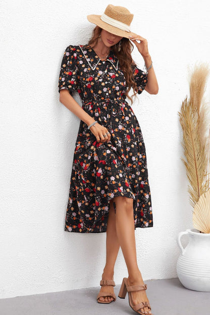 Floral Collared Neck Puff Sleeve Dress-Angel Casuals