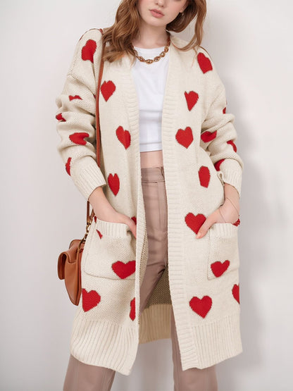 Heart Open Front Long Sleeve Cardigan-Angel Casuals