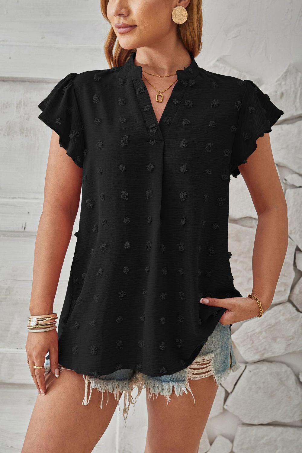 Swiss Dot Notched Cap Sleeve T-Shirt-Angel Casuals