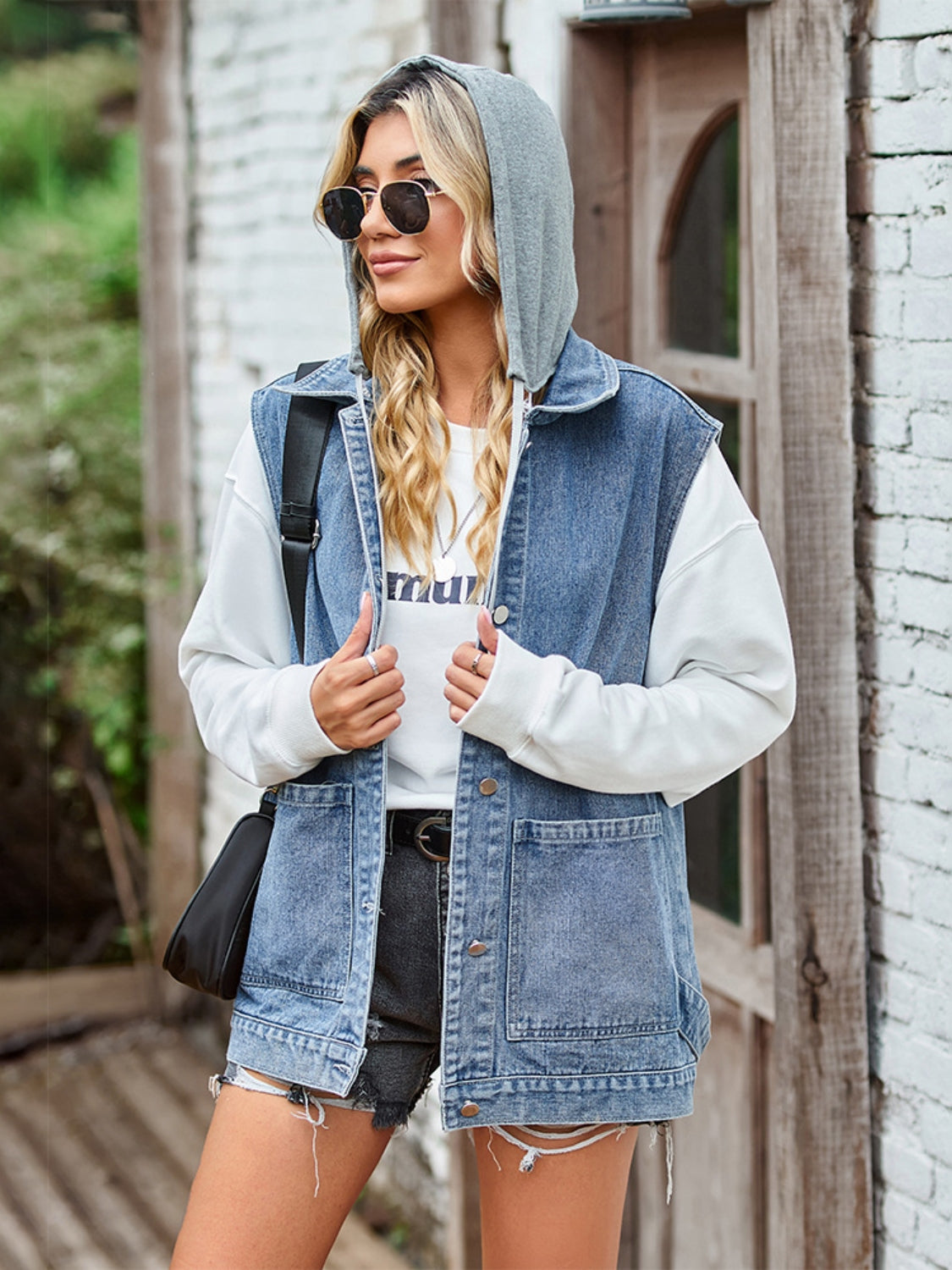 Button Up Sleeveless Denim Jacket with Pockets-Angel Casuals