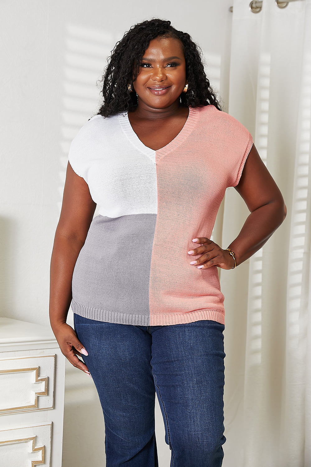 Color Block V-Neck Knit Top-Angel Casuals