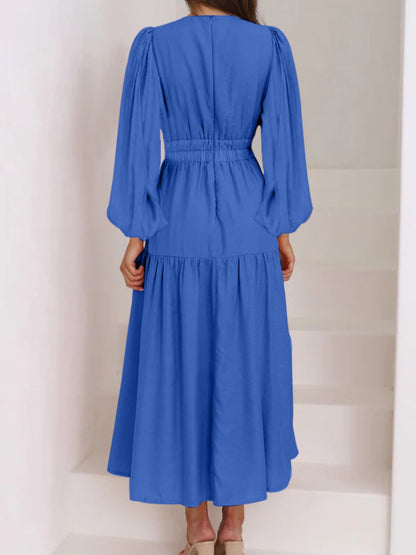 Deep V-Neck Balloon Sleeve Plain Maxi Dress-Angel Casuals