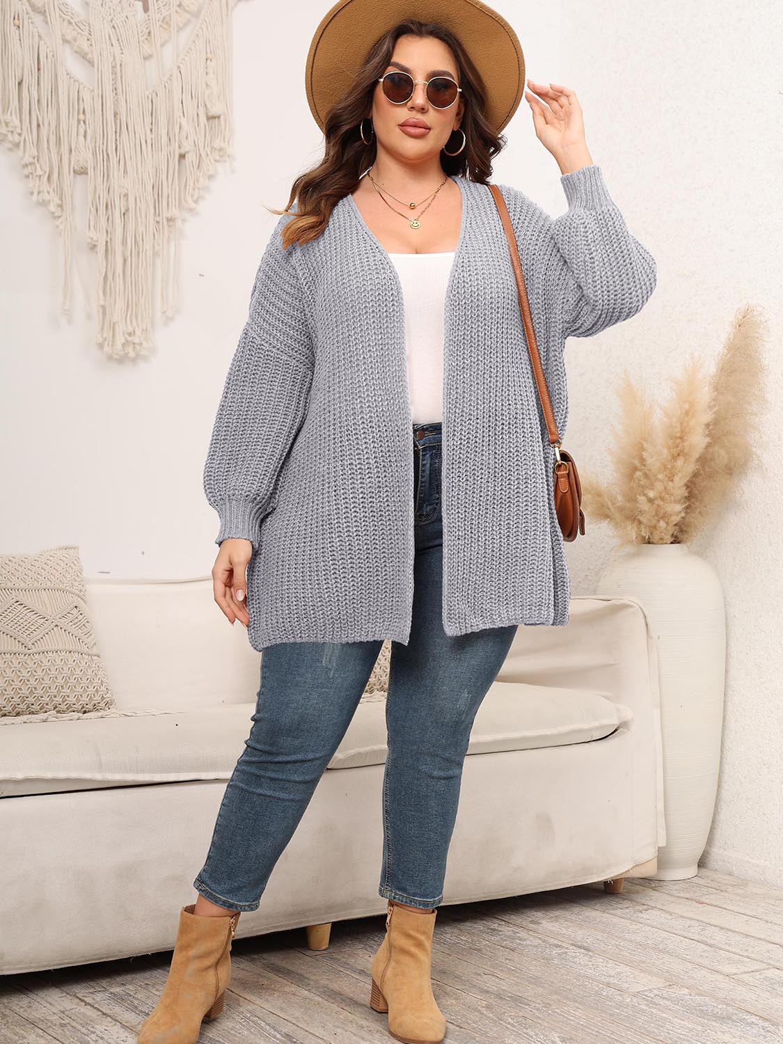 Plus Size Open Front Dropped Shoulder Knit Cardigan-Angel Casuals