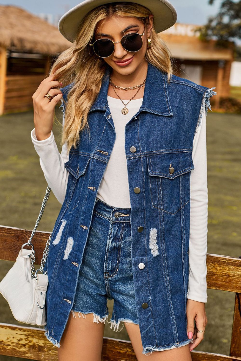 Sleeveless Button-Up Collared Denim Top with Pockets-Angel Casuals