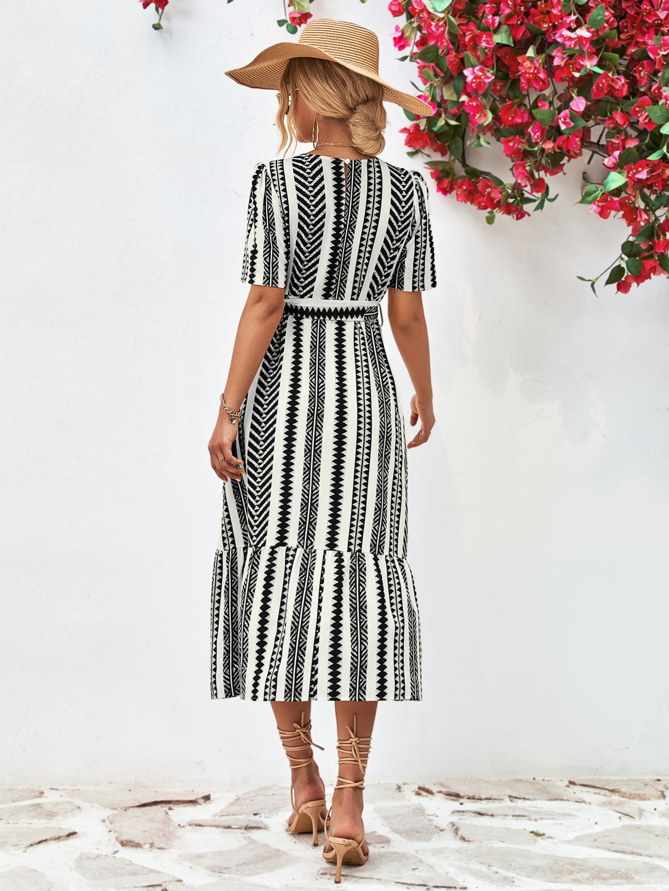 Striped Tie Belt Round Neck Puff Sleeve Dress-Angel Casuals