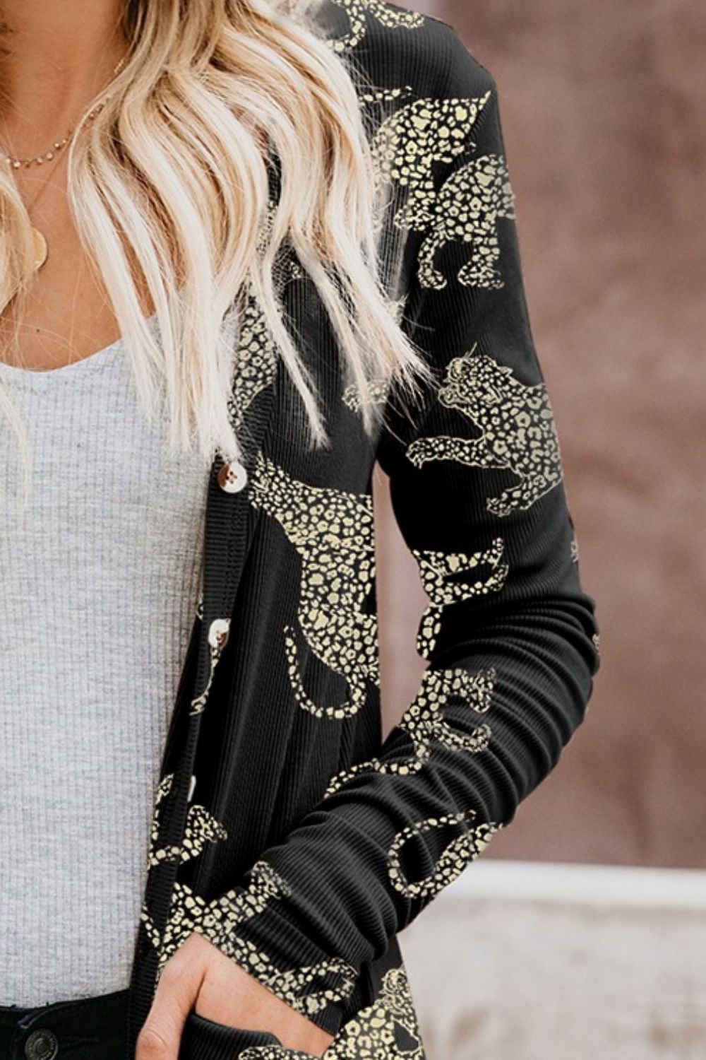 Animal Pattern Ribbed Button Up Long Sleeve Cardigan-Angel Casuals