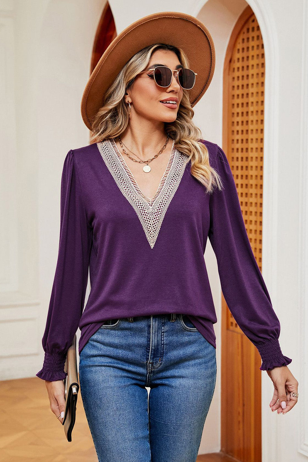 Lace Detail V-Neck Lantern Sleeve T-Shirt-Angel Casuals