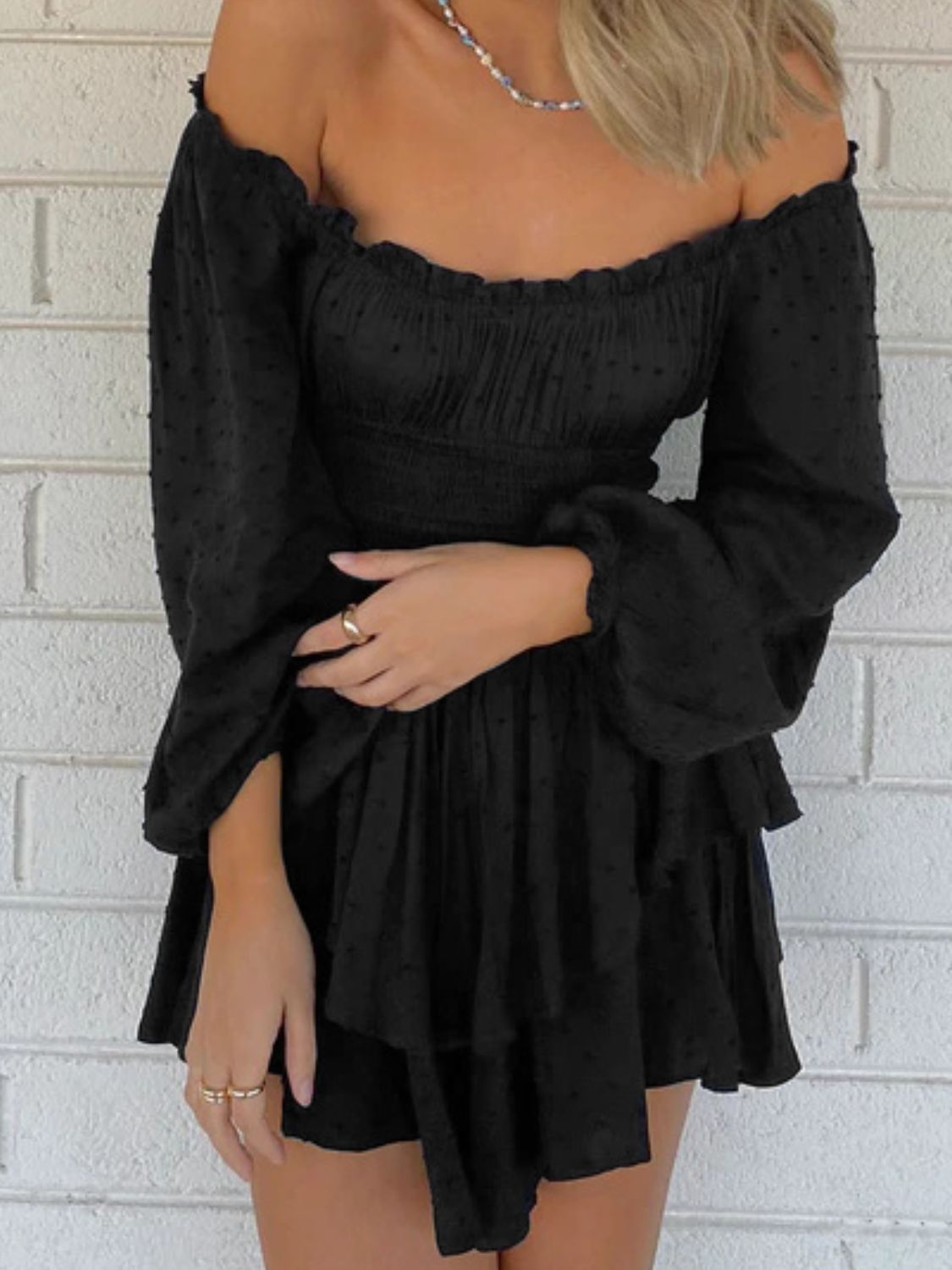 Off Shoulder Smocked Waist Romper-Angel Casuals