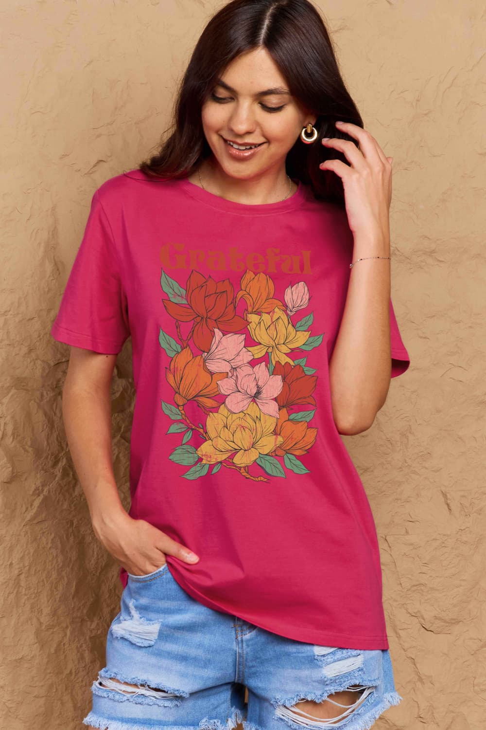 Simply Love Full Size GRATEFUL Flower Graphic Cotton T-Shirt-Angel Casuals