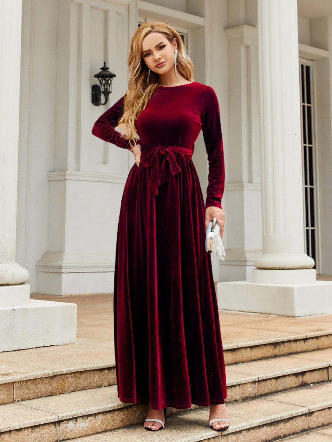 Tie Front Round Neck Long Sleeve Maxi Dress-Angel Casuals