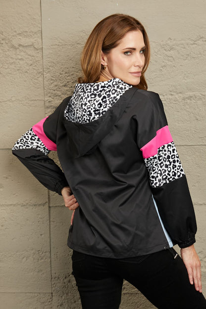 Double Take Leopard Color Block Zip-Up Hooded Jacket-Angel Casuals