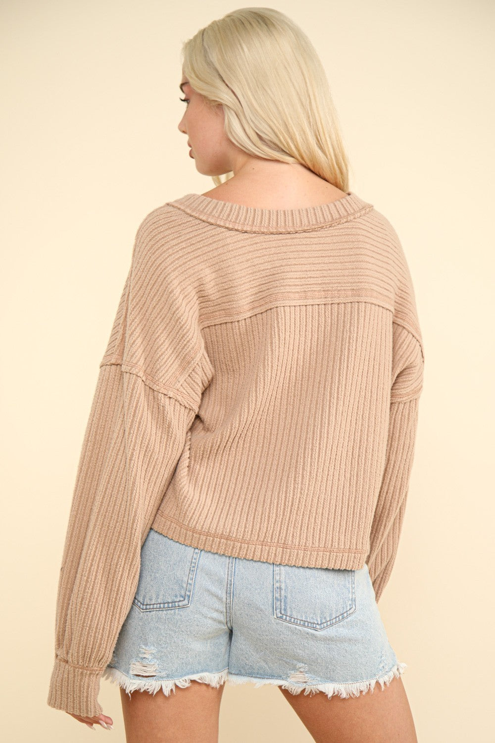 VERY J Exposed Seam V-Neck Ribbed Knit Top-Angel Casuals