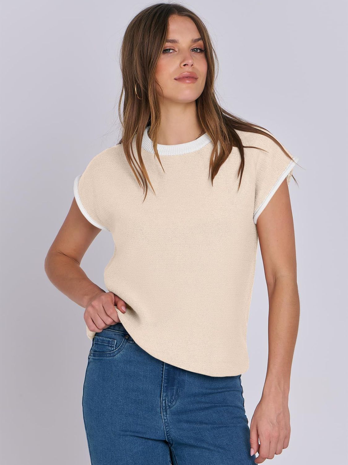 Mandy Contrast Round Neck Cap Sleeve Sweater-Angel Casuals